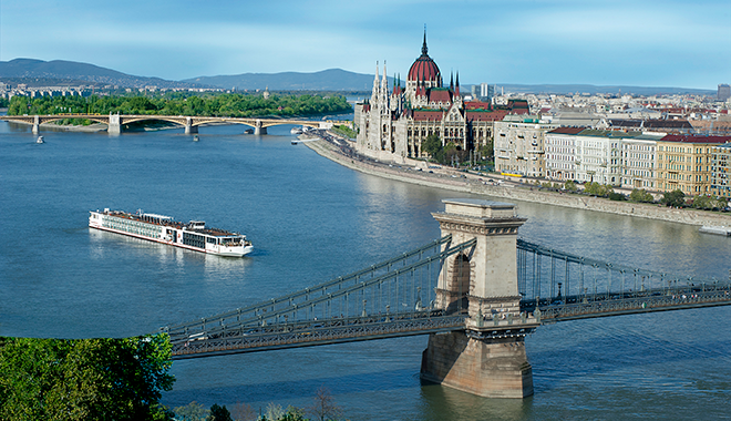 Aerial view of Viking river cruise ship in Budapest port.